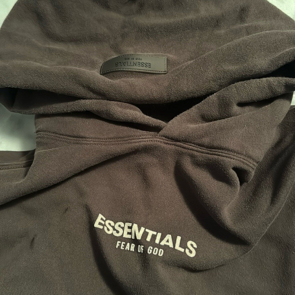 Black fear of god essentials hoodie, worn, size L